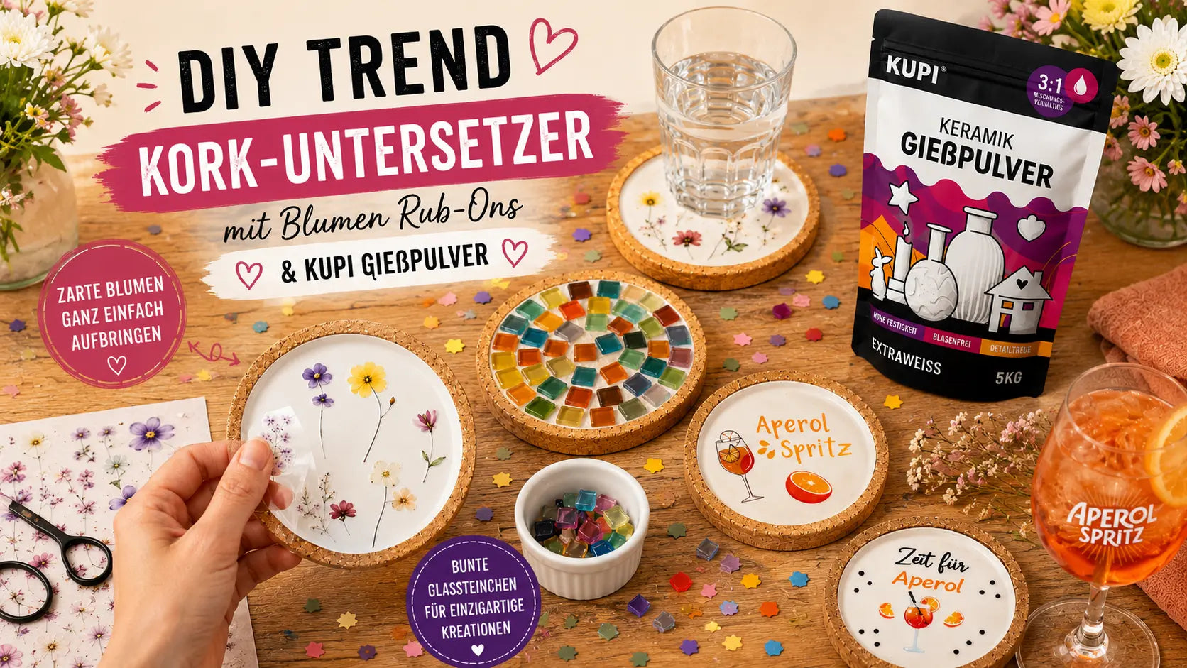 DIY Trend: Kork-Untersetzer mit Blumen Rub-Ons & KUPI Gießpulver