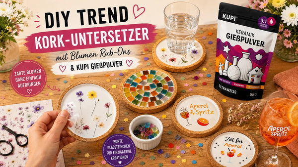 DIY Trend: Kork-Untersetzer mit Blumen Rub-Ons & KUPI Gießpulver